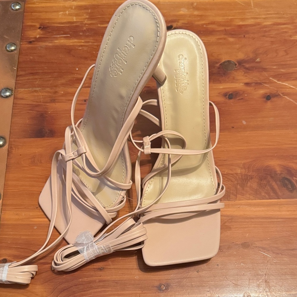 Charlotte Russe Nude Strappy Square Toe Heels with wrap tie